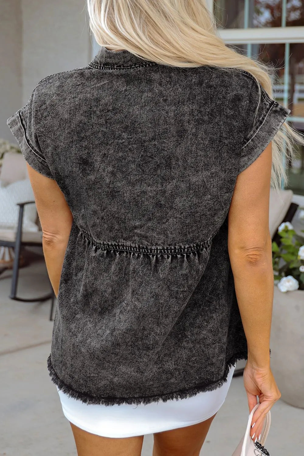 Short Sleeve Flap Pocket Button Up Raw Hem Denim Shirt - Women / Jeans & Denim by Trendsi | Available at Handbags Specialist Headquarter