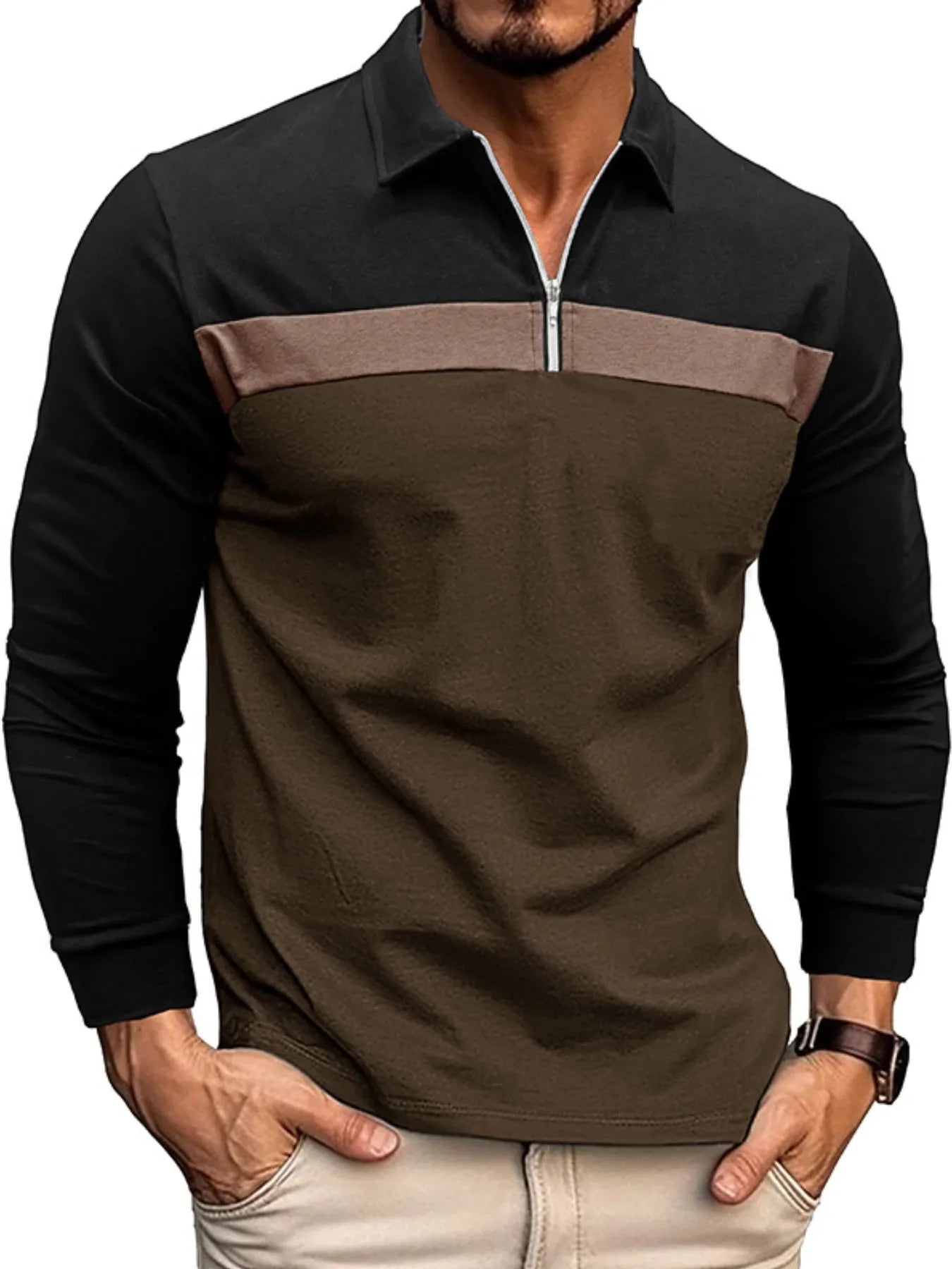 Men's Color Block Long Sleeve Polo Shirt - Men's Polo shirt by Trendsi | Available at Handbags Specialist Headquarter