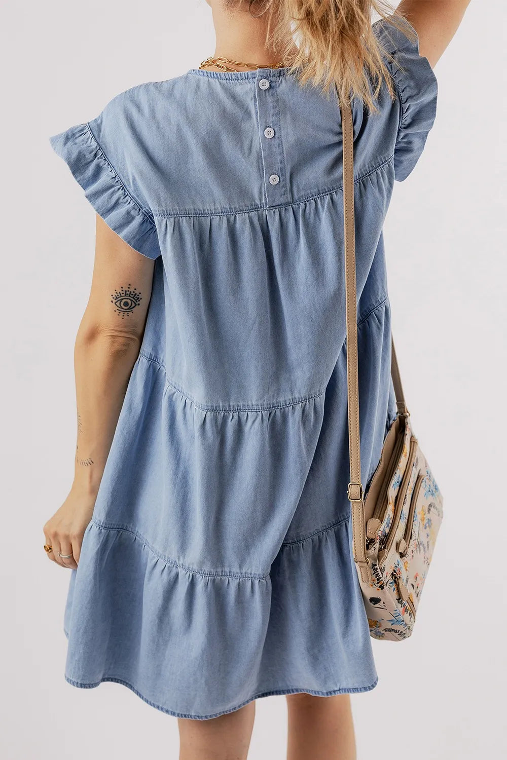 Ruffle Cap Sleeve Tiered A-line Denim Dress - Women / Jeans & Denim by Trendsi | Available at Handbags Specialist Headquarter