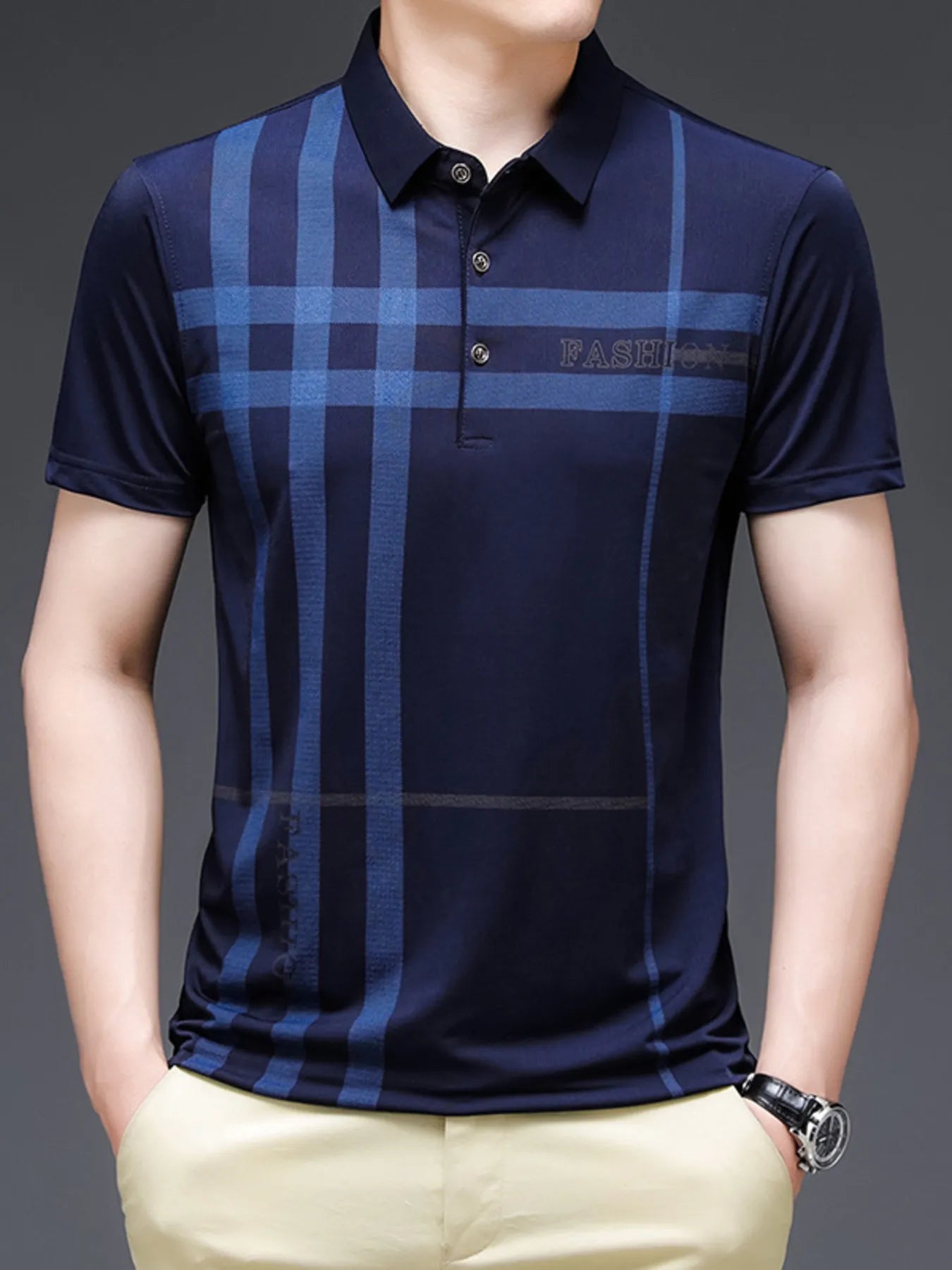 Men's Plus Size Plaid Pattern Short Sleeve Polo Shirt - Men's Polo shirt by Trendsi | Available at Handbags Specialist Headquarter