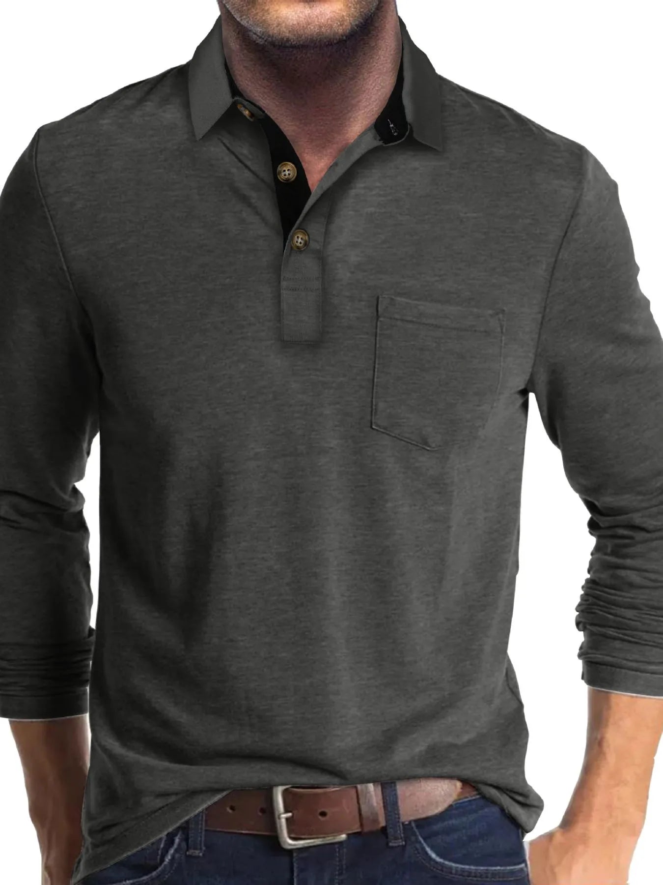 Men's Full Size Long Sleeve Pocket Polo Shirt Plus Size - Men's Polo shirt by Trendsi | Available at Handbags Specialist Headquarter