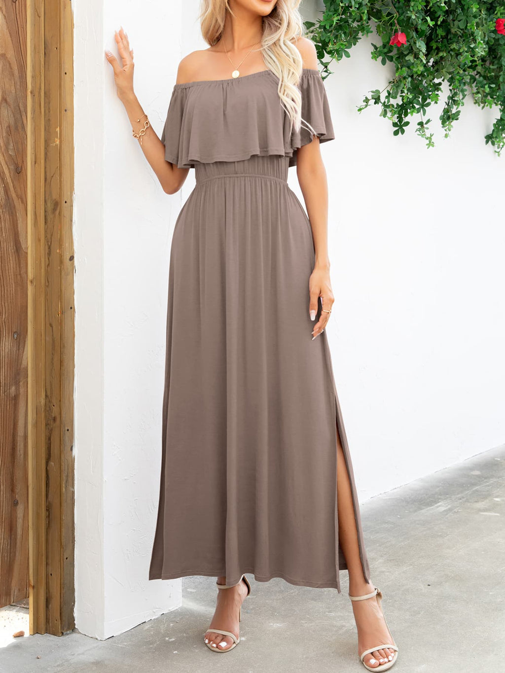 Off-Shoulder Slit Maxi Dress - Maxi Dress by Trendsi | Available at Handbags Specialist Headquarter