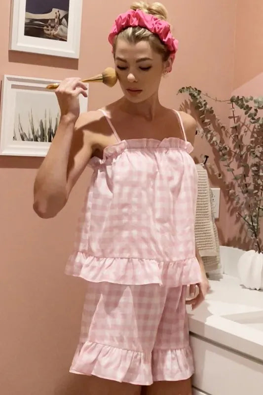 Lime 'N' Chili Gingham Ruffle Trim Cami and Shorts Pajama Set - Sleepwear by Trendsi | Available at Handbags Specialist Headquarter