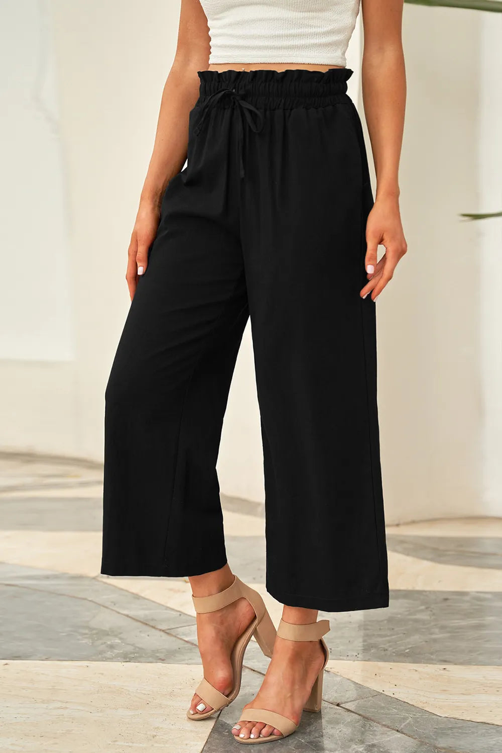 Drawstring Paperbag Waist Wide Leg Pants - Women Pants by Trendsi | Available at Handbags Specialist Headquarter