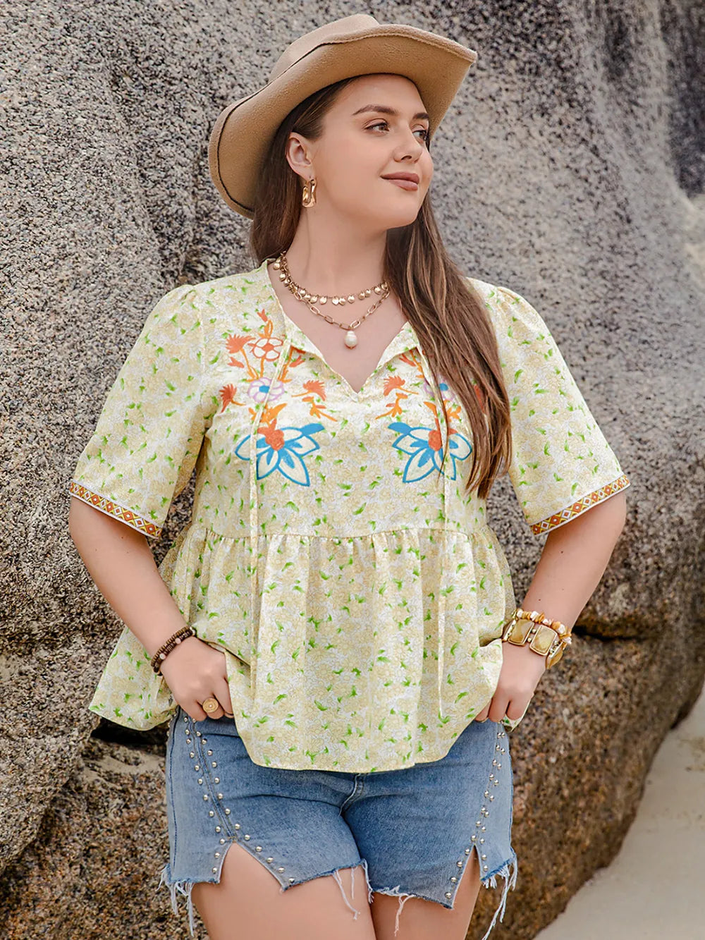 Plus Size Printed Tie Neck Half Sleeve Blouse - Plus Size Shirts by Trendsi | Available at Handbags Specialist Headquarter
