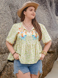 Plus Size Printed Tie Neck Half Sleeve Blouse - Plus Size Shirts by Trendsi | Available at Handbags Specialist Headquarter