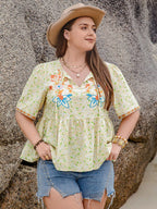 Plus Size Printed Tie Neck Half Sleeve Blouse - Plus Size Shirts by Trendsi | Available at Handbags Specialist Headquarter