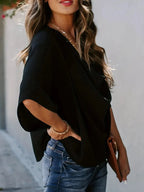 Full Size Ruched Three-Quarter Sleeve Blouse Plus Size - Women Plus Size by Trendsi | Available at Handbags Specialist Headquarter