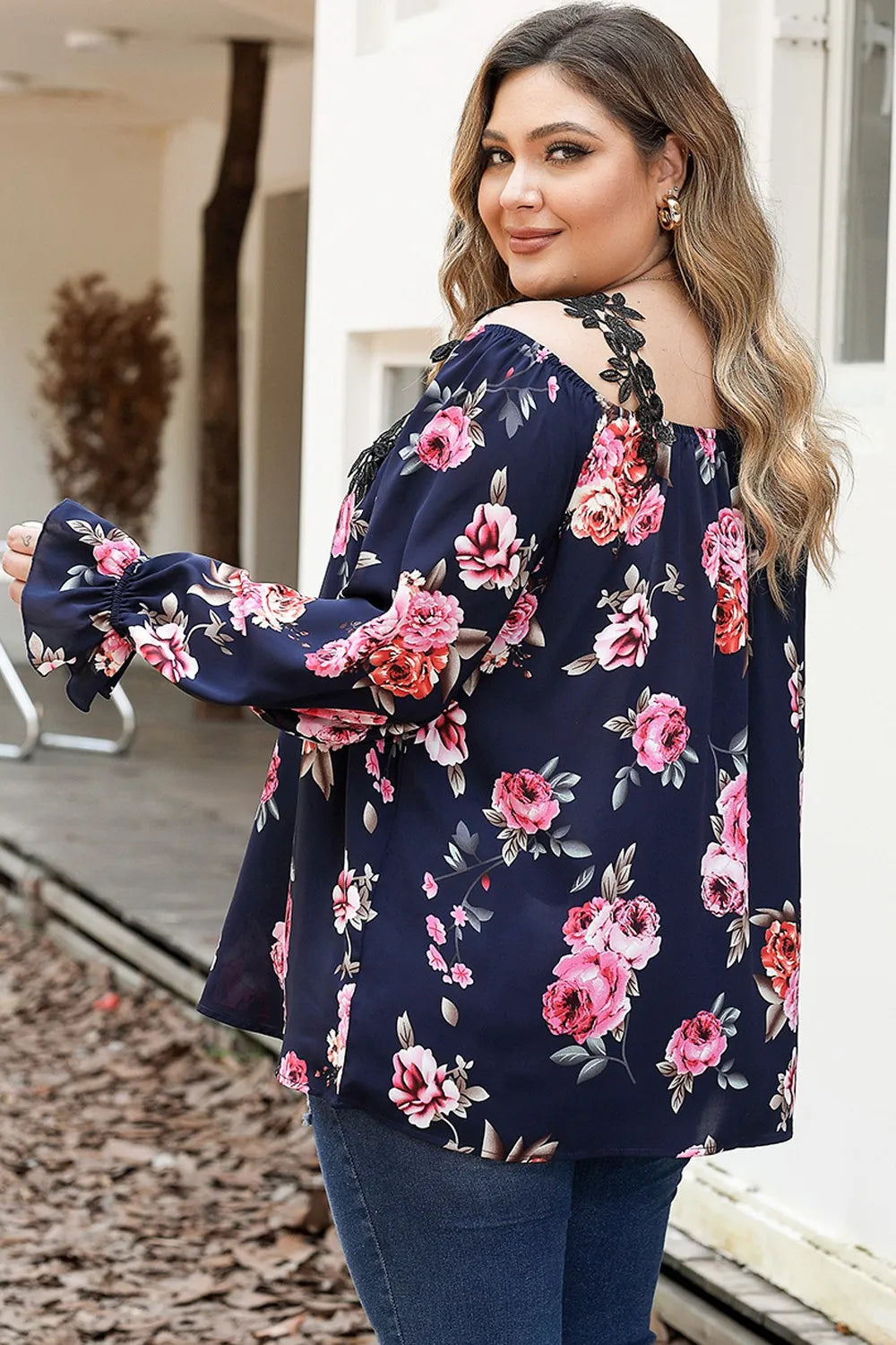 Plus Size Floral Flounce Sleeve Blouse - Plus Size Shirts by Trendsi | Available at Handbags Specialist Headquarter