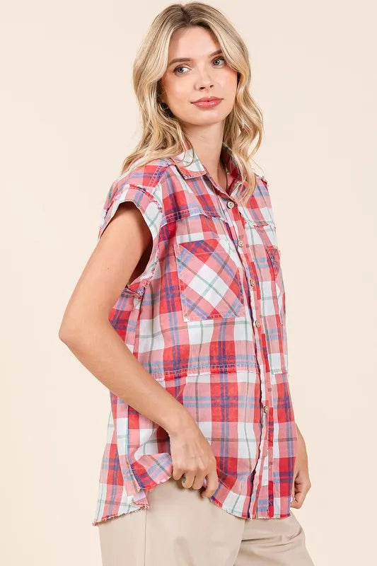 Mittoshop Mineral Wash Plaid Button Down Shirt - Women's Down Shirt Tops by Trendsi | Available at Handbags Specialist Headquarter