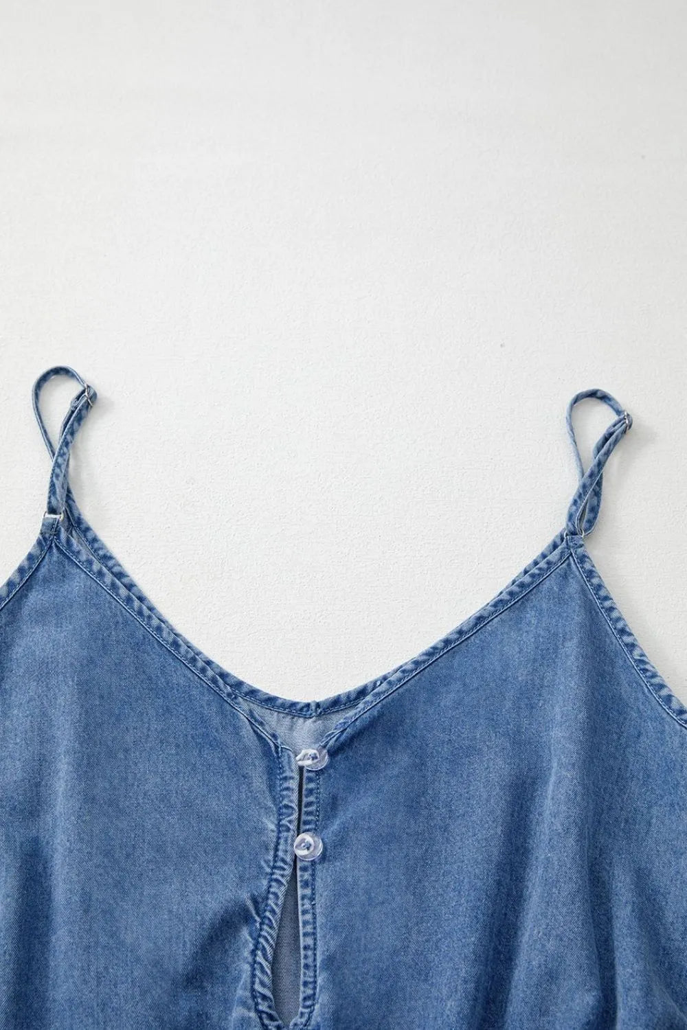 Spaghetti Straps V Neck Belted Ruffled Leg Chambray Romper - Women / Jeans & Denim by Trendsi | Available at Handbags Specialist Headquarter