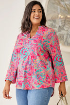 Plus Size Printed Notched Long Sleeve Blouse - Plus Size Shirts by Trendsi | Available at Handbags Specialist Headquarter