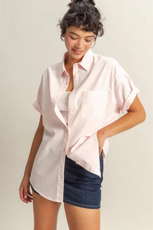 HYFVE Short Sleeve Button Down Oversized Shirt - Women's Down Shirt Tops by Trendsi | Available at Handbags Specialist Headquarter