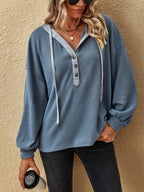 Drawstring Waffle Knit Hoodie - Tops by Trendsi | Available at Handbags Specialist Headquarter