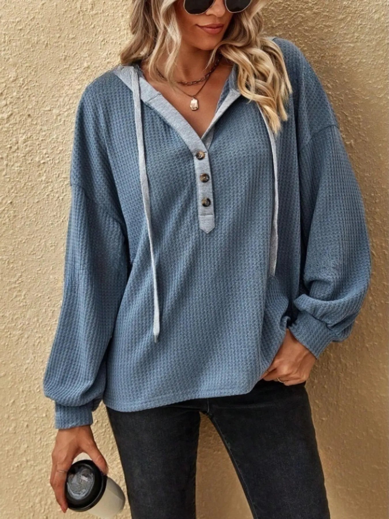 Drawstring Waffle Knit Hoodie - Tops by Trendsi | Available at Handbags Specialist Headquarter