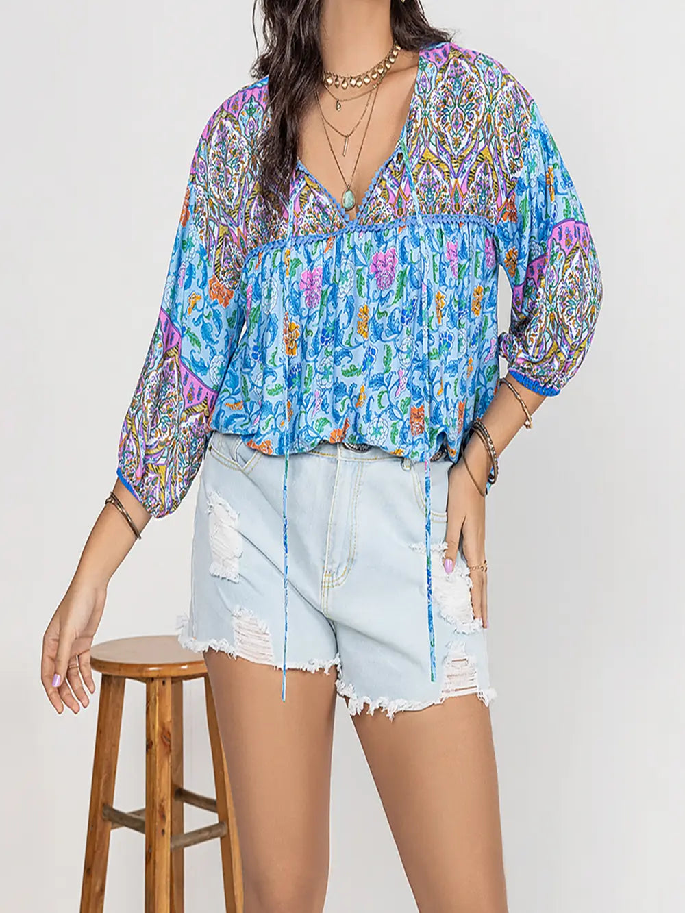 Plus Size Printed Tie Neck Balloon Sleeve Blouse - Plus Size Shirts by Trendsi | Available at Handbags Specialist Headquarter