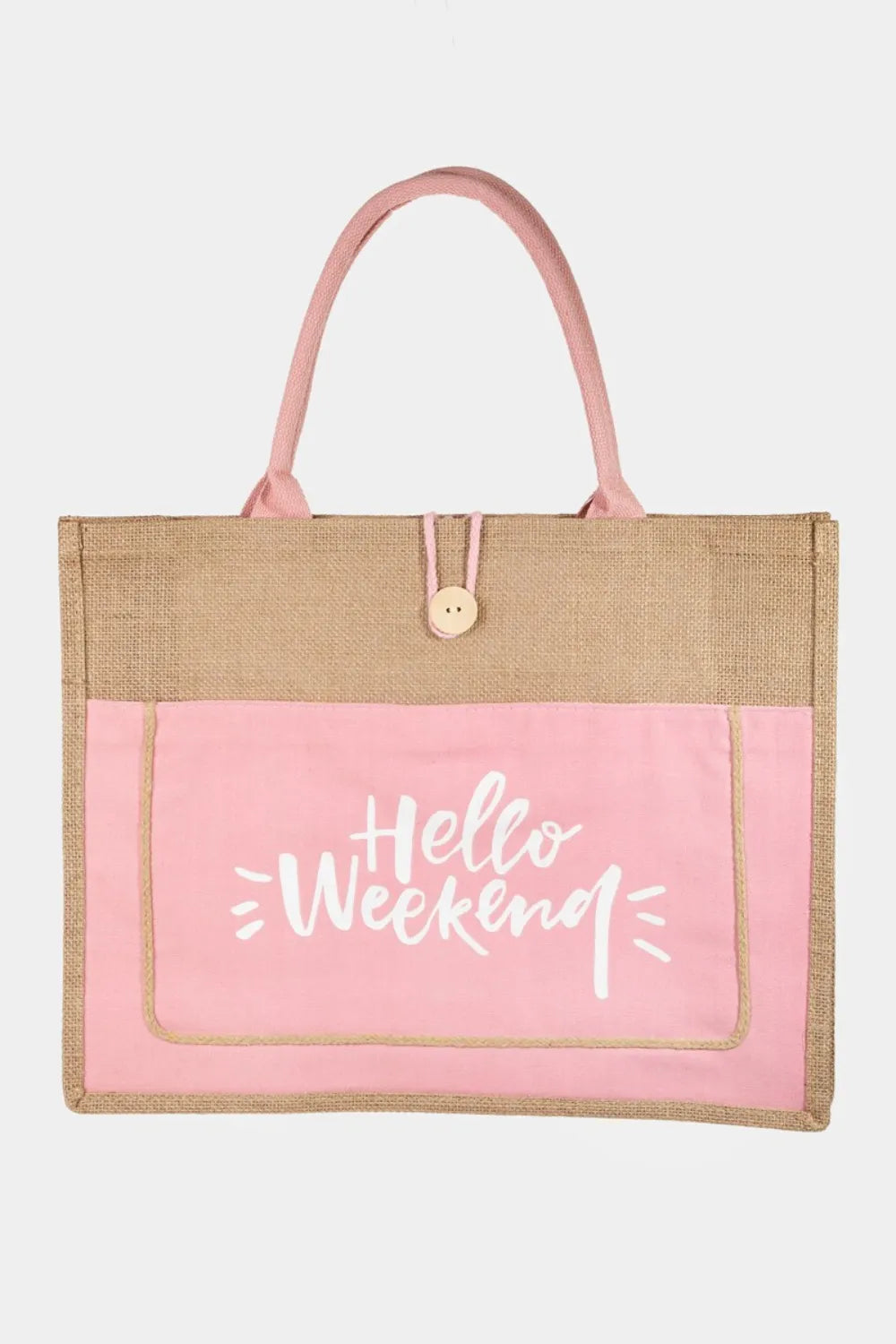 Fame Hello Weekend Burlap Tote Bag - Tote Bag by Trendsi | Available at Handbags Specialist Headquarter
