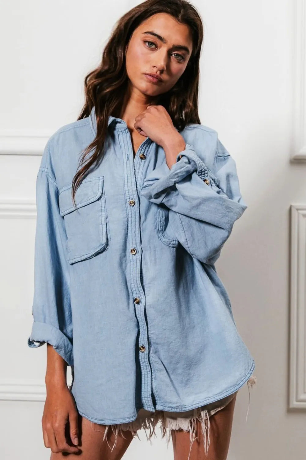 BiBi Button Down Stitch Detail Shirt with Chest Pockets - Women / Jeans & Denim by Trendsi | Available at Handbags Specialist Headquarter
