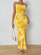 Tie-Dye Ruched Bodycon Mesh Cami Maxi Dress - Maxi Dress by Trendsi | Available at Handbags Specialist Headquarter