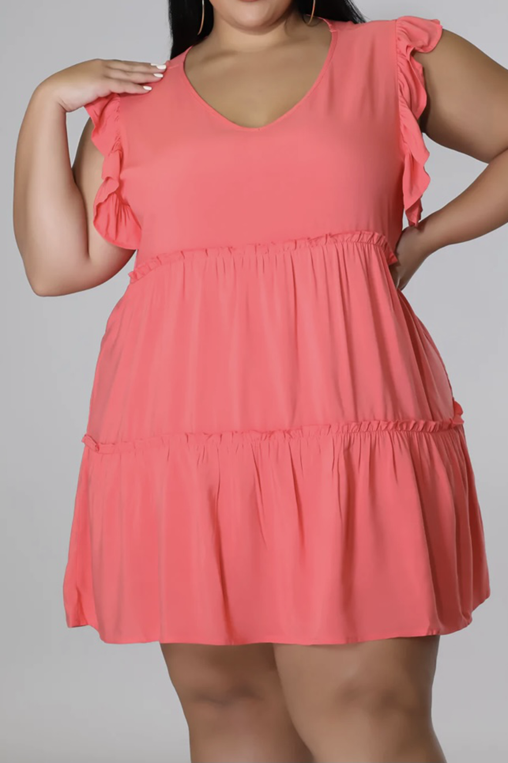 Plus Size V-Neck Frill Trim Mini Dress - Dresses by Trendsi | Available at Handbags Specialist Headquarter