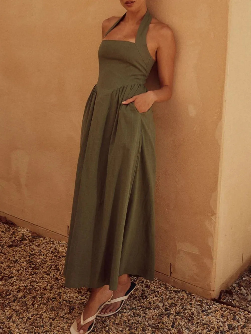 Halter Neck Maxi Dress with Pockets - Maxi Dress by Trendsi | Available at Handbags Specialist Headquarter