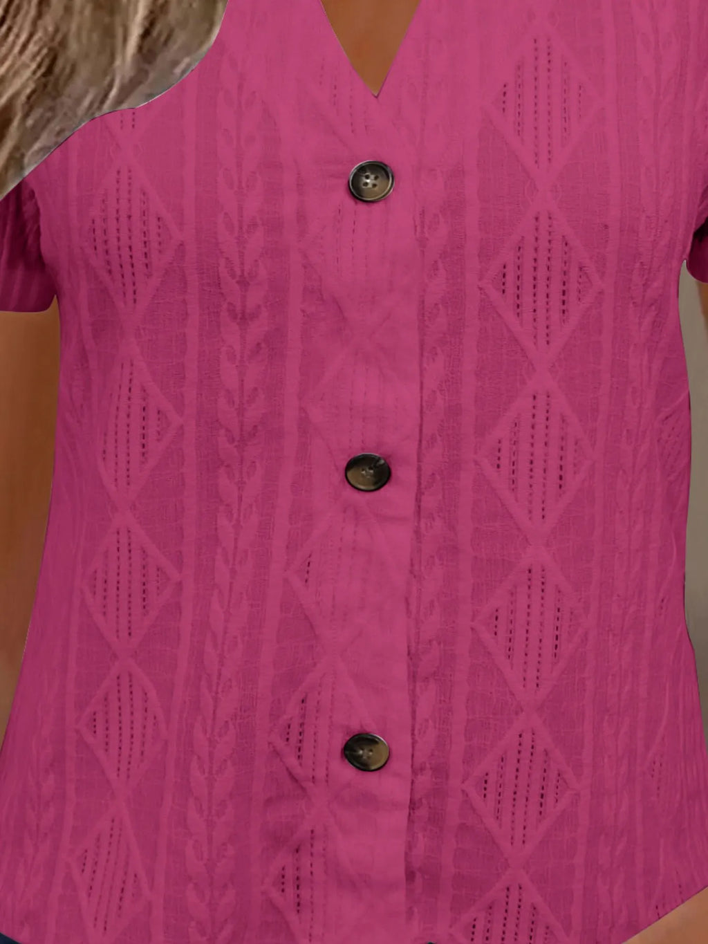 Textured Notched Short Sleeve Blouse - Tops by Trendsi | Available at Handbags Specialist Headquarter