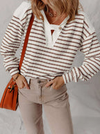 Striped V-Neck Long Sleeve Knit Hoodie - Tops by Trendsi | Available at Handbags Specialist Headquarter