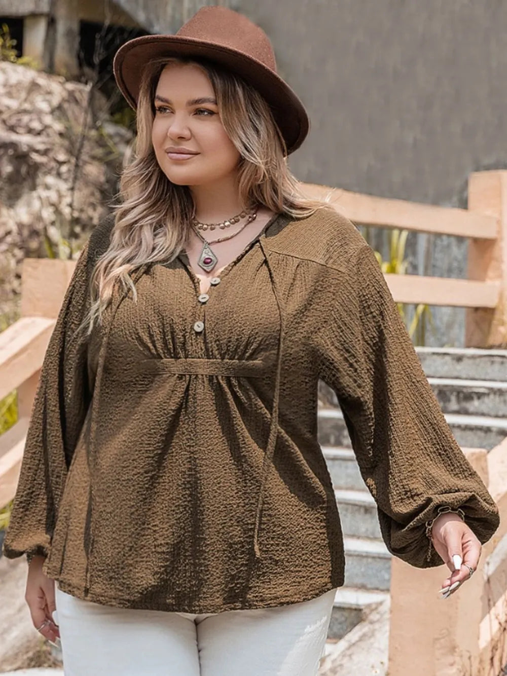 Plus Size Tie Neck Long Sleeve Blouse - Plus Size Shirts by Trendsi | Available at Handbags Specialist Headquarter
