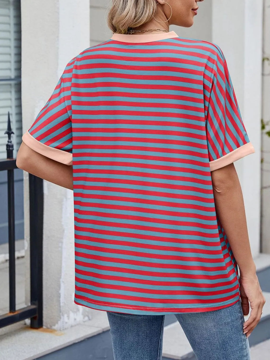 Striped Round Neck Half Sleeve T-Shirt - Women / Tops by Trendsi | Available at Handbags Specialist Headquarter