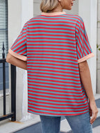 Striped Round Neck Half Sleeve T-Shirt - Women / Tops by Trendsi | Available at Handbags Specialist Headquarter