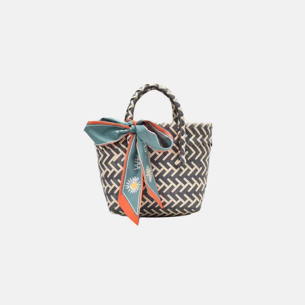 Contrast Woven Handbag with Ribbon - Tote Bag by Trendsi | Available at Handbags Specialist Headquarter