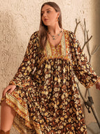 Plus Size Printed V-Neck Balloon Sleeve Dress - Dresses by Trendsi | Available at Handbags Specialist Headquarter