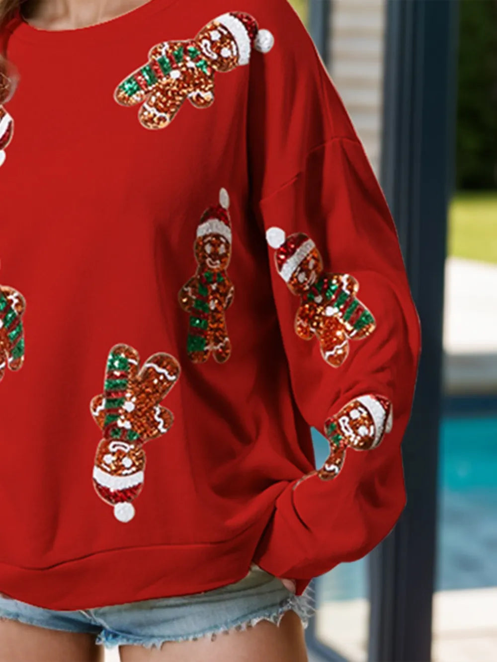 Sequin Gingerbread Man Long Sleeve Sweatshirt - Men's Sweatshirts by Trendsi | Available at Handbags Specialist Headquarter