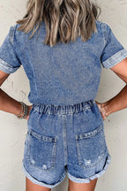Chest Pocket Front Buttoned Folded Edge Denim Short Sleeve Romper - Women / Jeans & Denim by Trendsi | Available at Handbags Specialist Headquarter