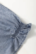 V Neck Ruffled Short Puff Sleeve Denim Top - Women / Jeans & Denim by Trendsi | Available at Handbags Specialist Headquarter