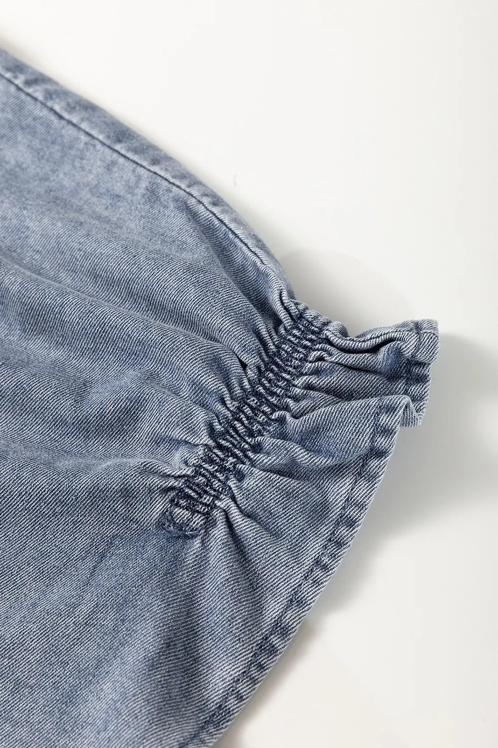 V Neck Ruffled Short Puff Sleeve Denim Top - Women / Jeans & Denim by Trendsi | Available at Handbags Specialist Headquarter