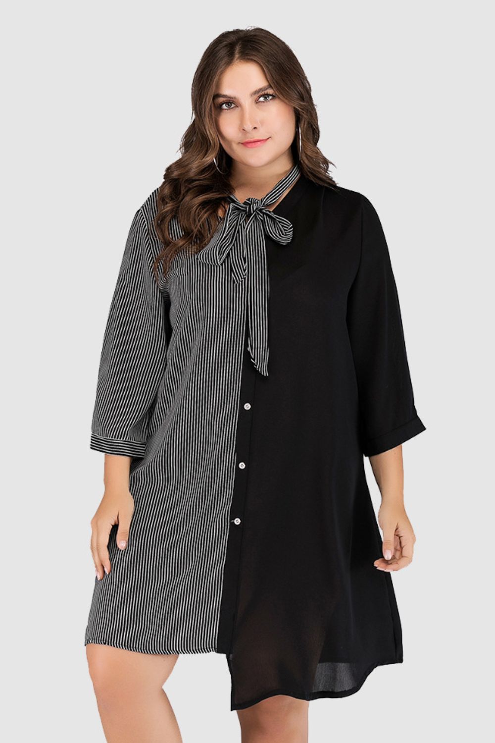 Plus Size Striped Color Block Tie-Neck Dress - Dresses by Trendsi | Available at Handbags Specialist Headquarter