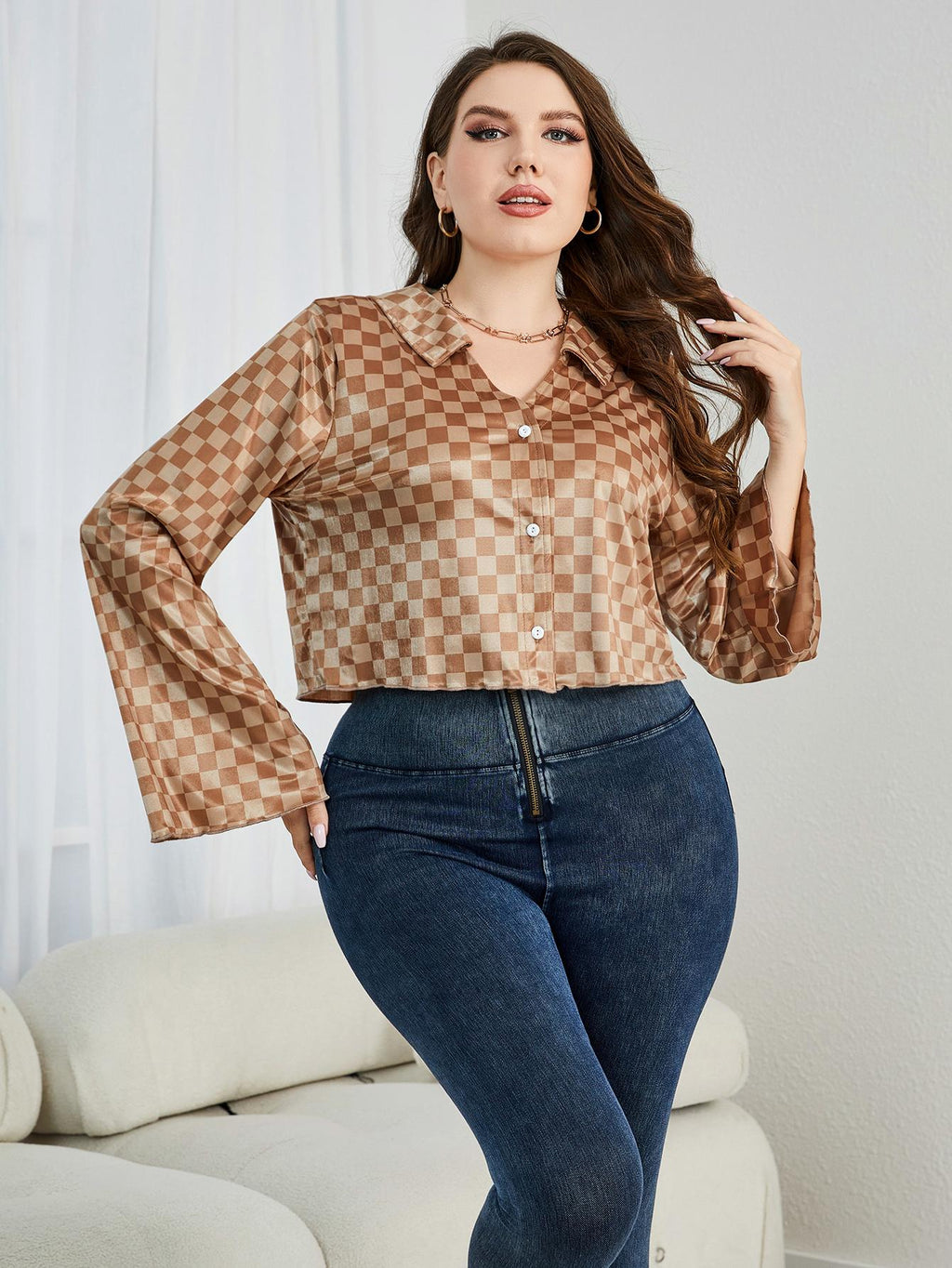 Plus Size Checkered Johnny Collar Flare Sleeve Shirt - Plus Size Shirts by Trendsi | Available at Handbags Specialist Headquarter