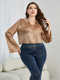 Plus Size Checkered Johnny Collar Flare Sleeve Shirt - Plus Size Shirts by Trendsi | Available at Handbags Specialist Headquarter