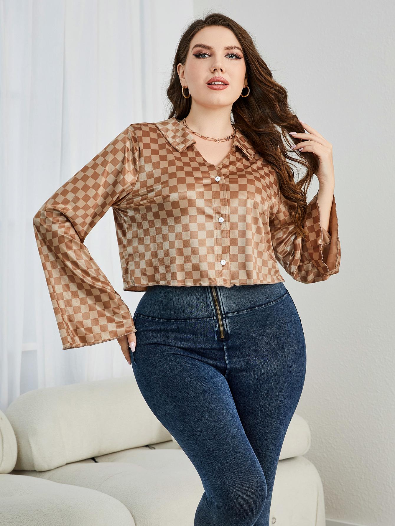 Plus Size Checkered Johnny Collar Flare Sleeve Shirt - Plus Size Shirts by Trendsi | Available at Handbags Specialist Headquarter