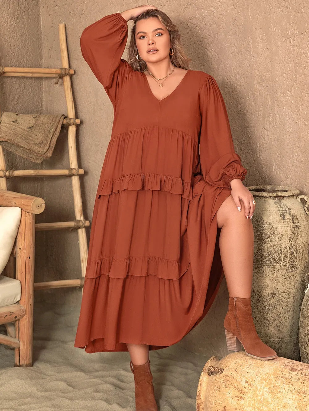 Plus Size Ruffled V-Neck Balloon Sleeve Dress - Dresses by Trendsi | Available at Handbags Specialist Headquarter