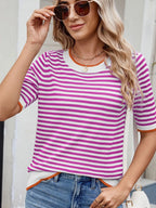 Striped Casual T-Shirt with Contrast Trim - Tops by Trendsi | Available at Handbags Specialist Headquarter