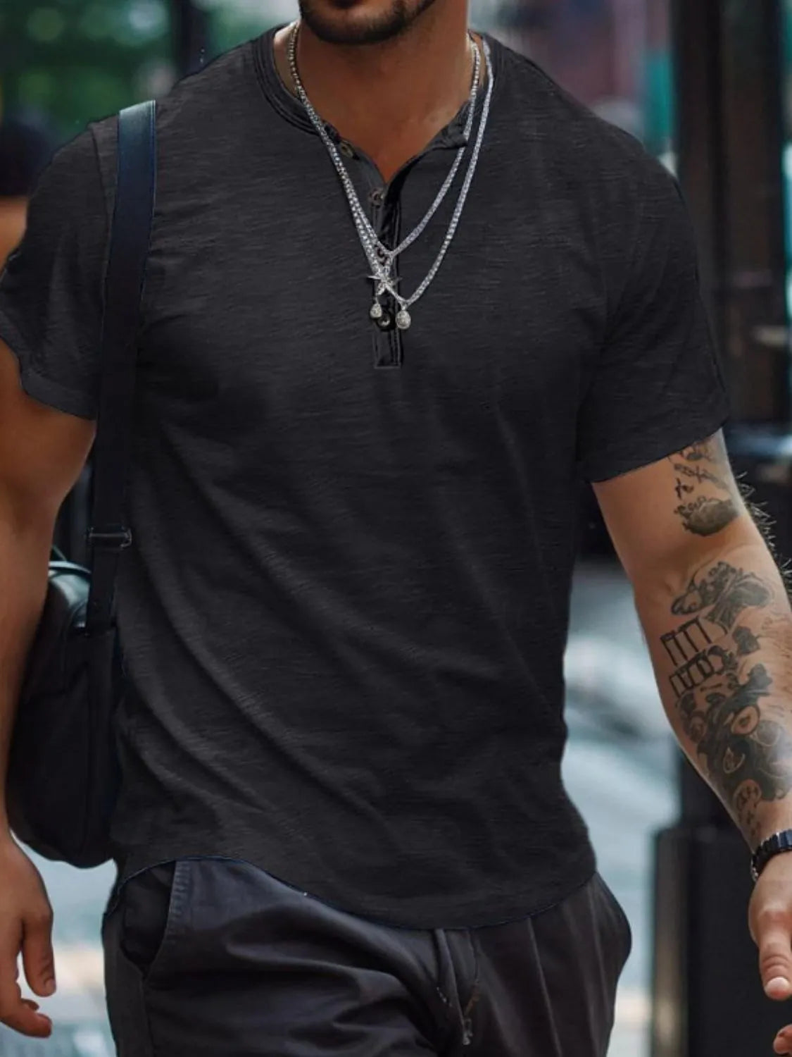 Men's Full Size Button Henley Collar Polo Shirt Plus Size - Men's Polo shirt by Trendsi | Available at Handbags Specialist Headquarter