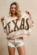 BiBi Leopard Print Texas Patchwork Overlock Stitch Top - Tops by Trendsi | Available at Handbags Specialist Headquarter