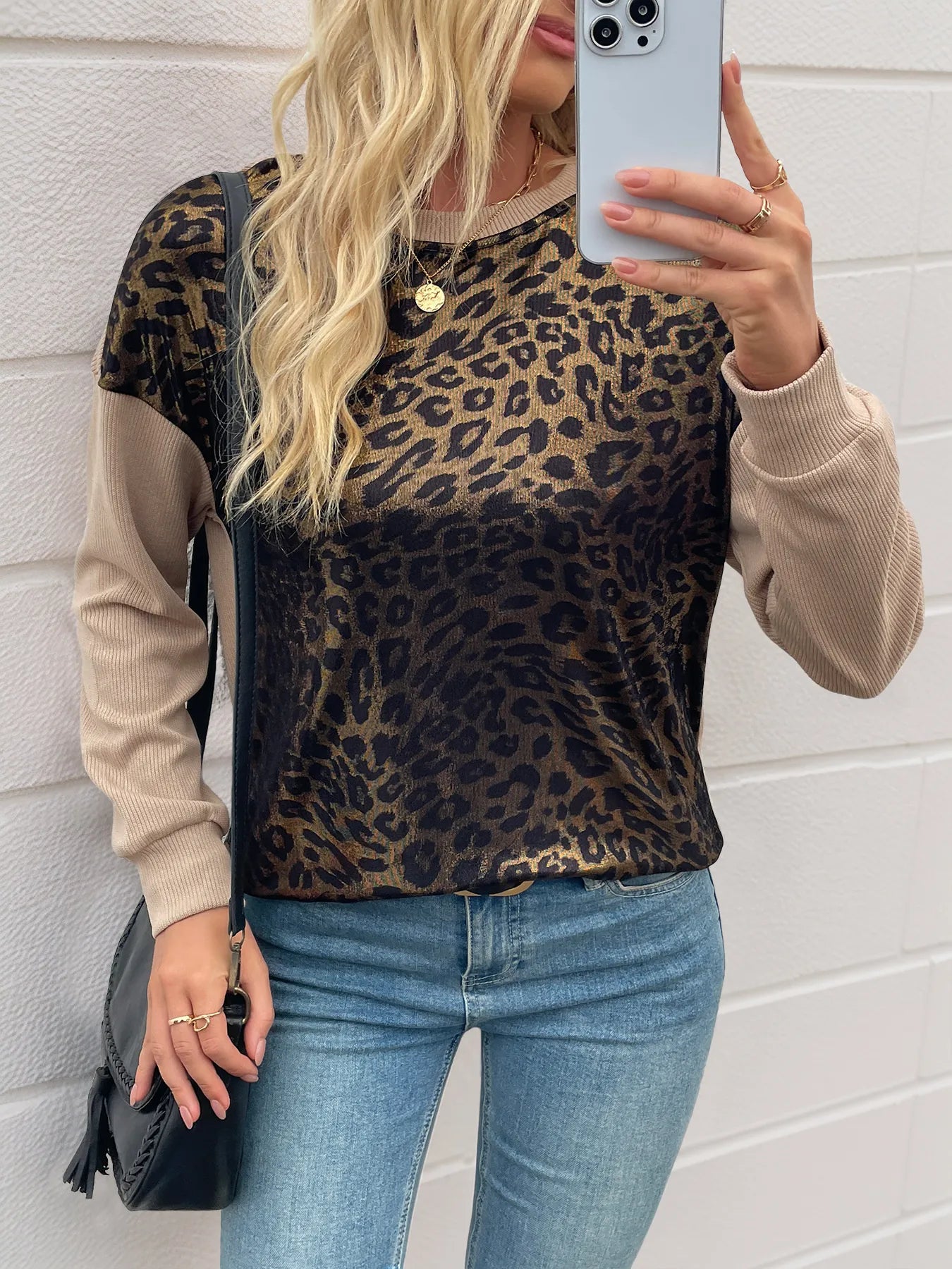 Leopard Round Neck Long Sleeve Sweatshirt - Tops by Trendsi | Available at Handbags Specialist Headquarter