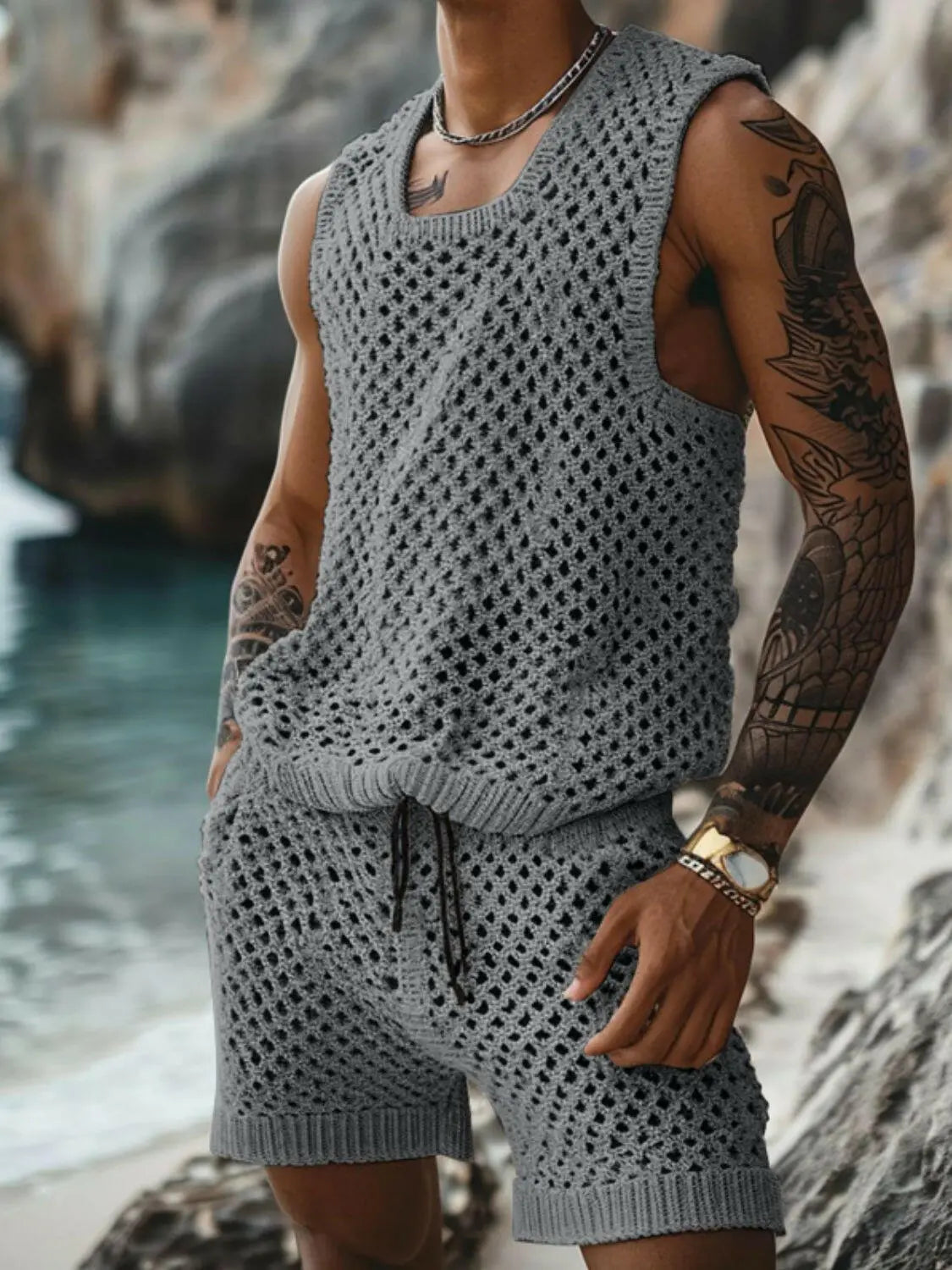 Men's Plus Size Hollow Out Round Neck Tank and Shorts Set - Men's Sets by Trendsi | Available at Handbags Specialist Headquarter