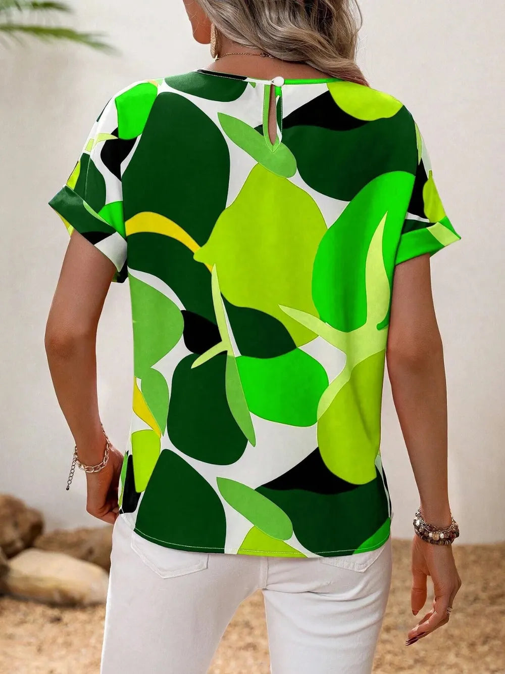 Contrast Round Neck Short Sleeve Blouse - Tops by Trendsi | Available at Handbags Specialist Headquarter