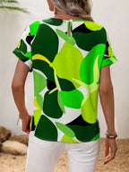 Contrast Round Neck Short Sleeve Blouse - Tops by Trendsi | Available at Handbags Specialist Headquarter