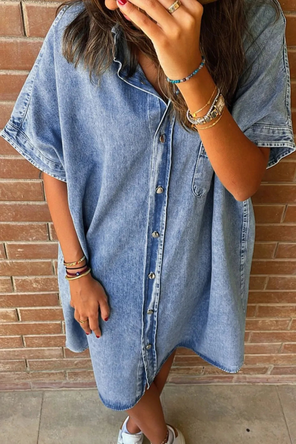 Oversized Button Down Denim Shirt Dress - Women / Jeans & Denim by Trendsi | Available at Handbags Specialist Headquarter
