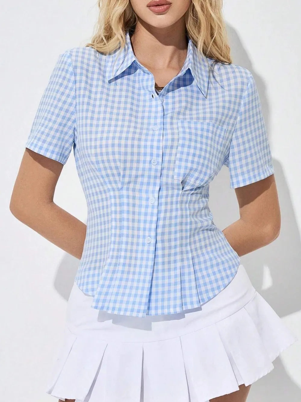 Button Down Short Sleeve Shirt - Women's Down Shirt Tops by Trendsi | Available at Handbags Specialist Headquarter